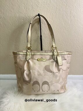 Coach Beige and Gold Signature Tote Bag